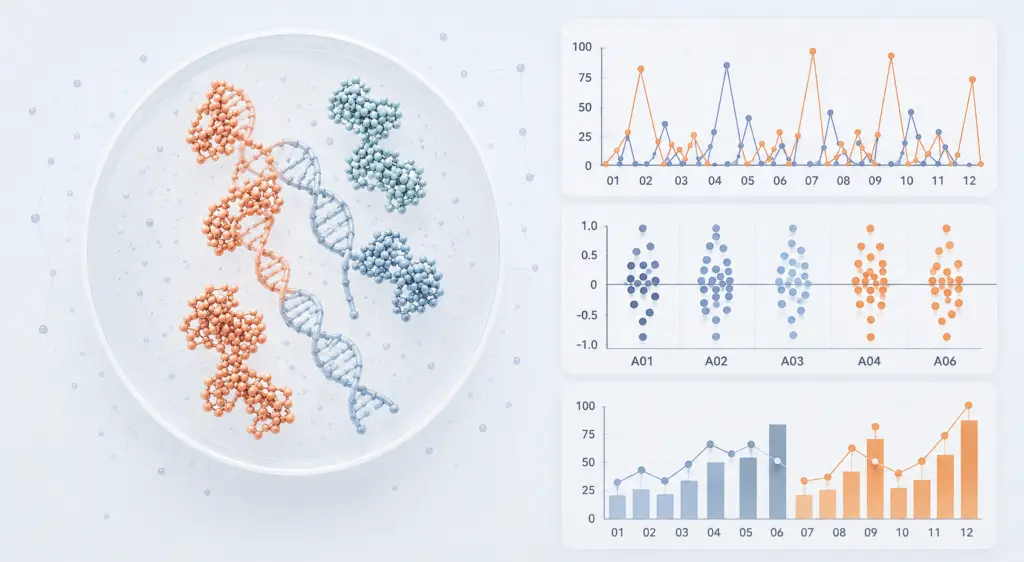 DNA and molecular analysis illustration with data visualization charts